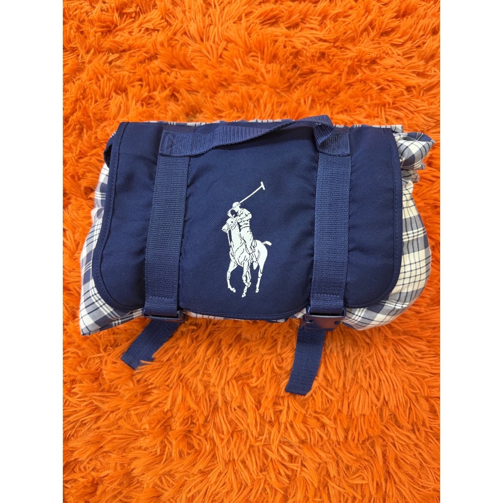 Polo Ralph Lauren Navy Plaid Roll Up Picnic Blanket Big Pony Logo Carry Handle